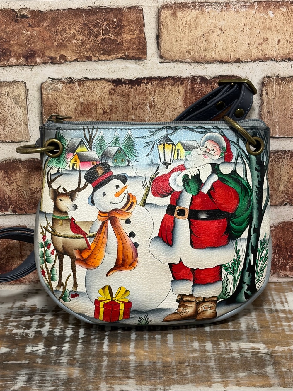 Anuschka Christmas “Santa & Friends” Hand Painted Crossbody Shoulder Bag - NEW